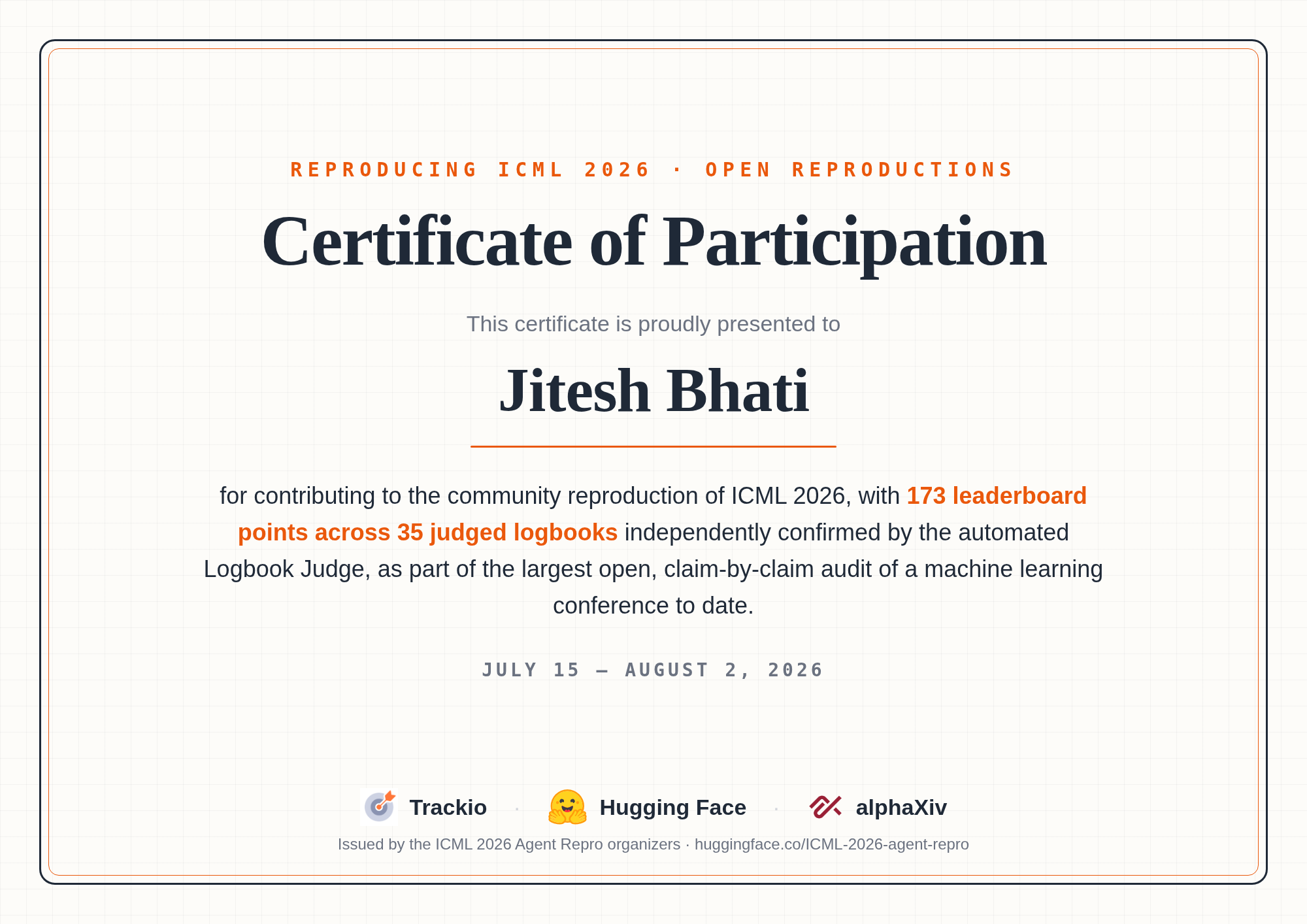 ICML 2026 Certificate of Participation for Jitesh Bhati
