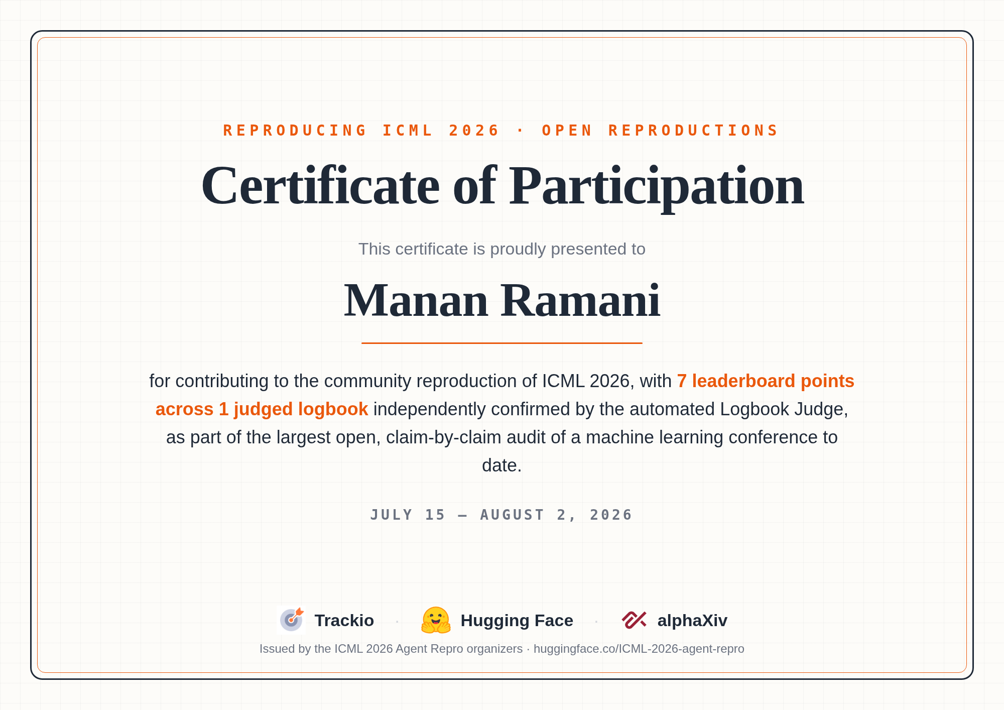 ICML 2026 Certificate of Participation for Manan Ramani