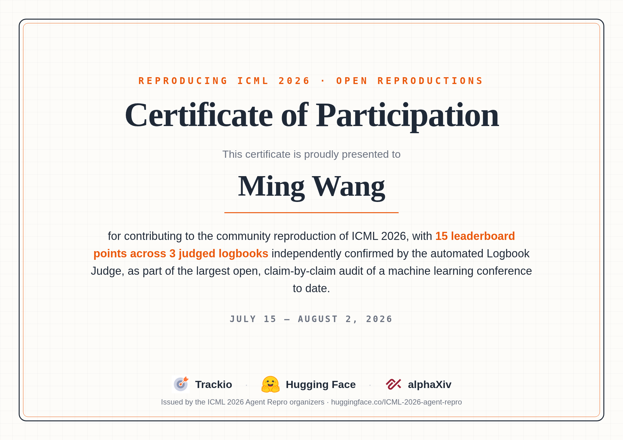 ICML 2026 Certificate of Participation for Ming Wang