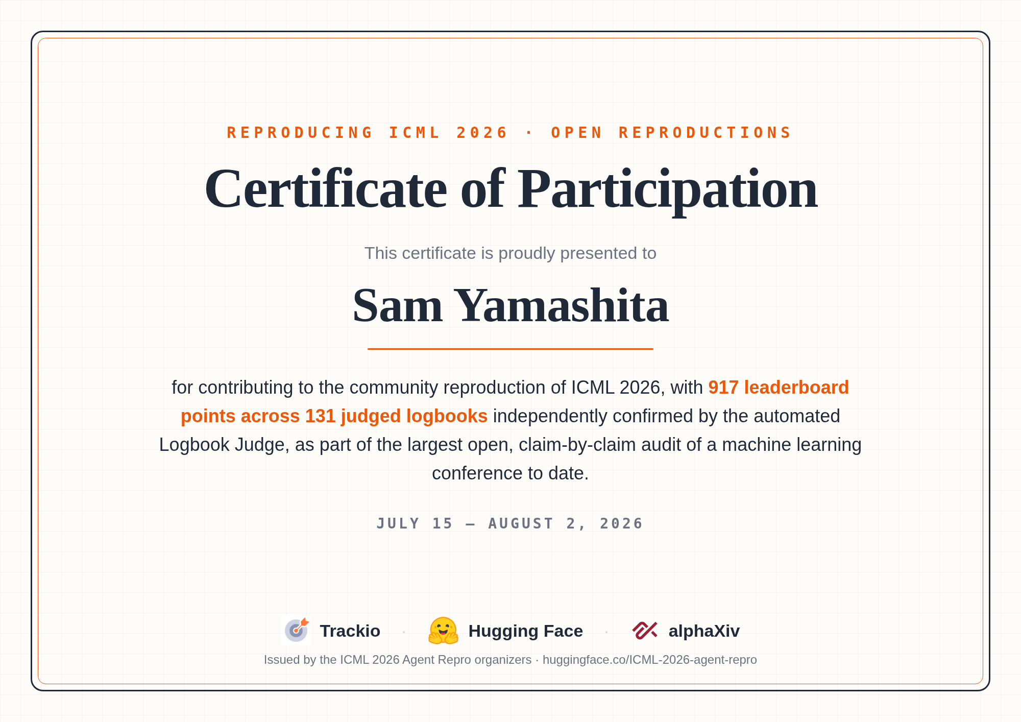 ICML 2026 Certificate of Participation for Sam Yamashita