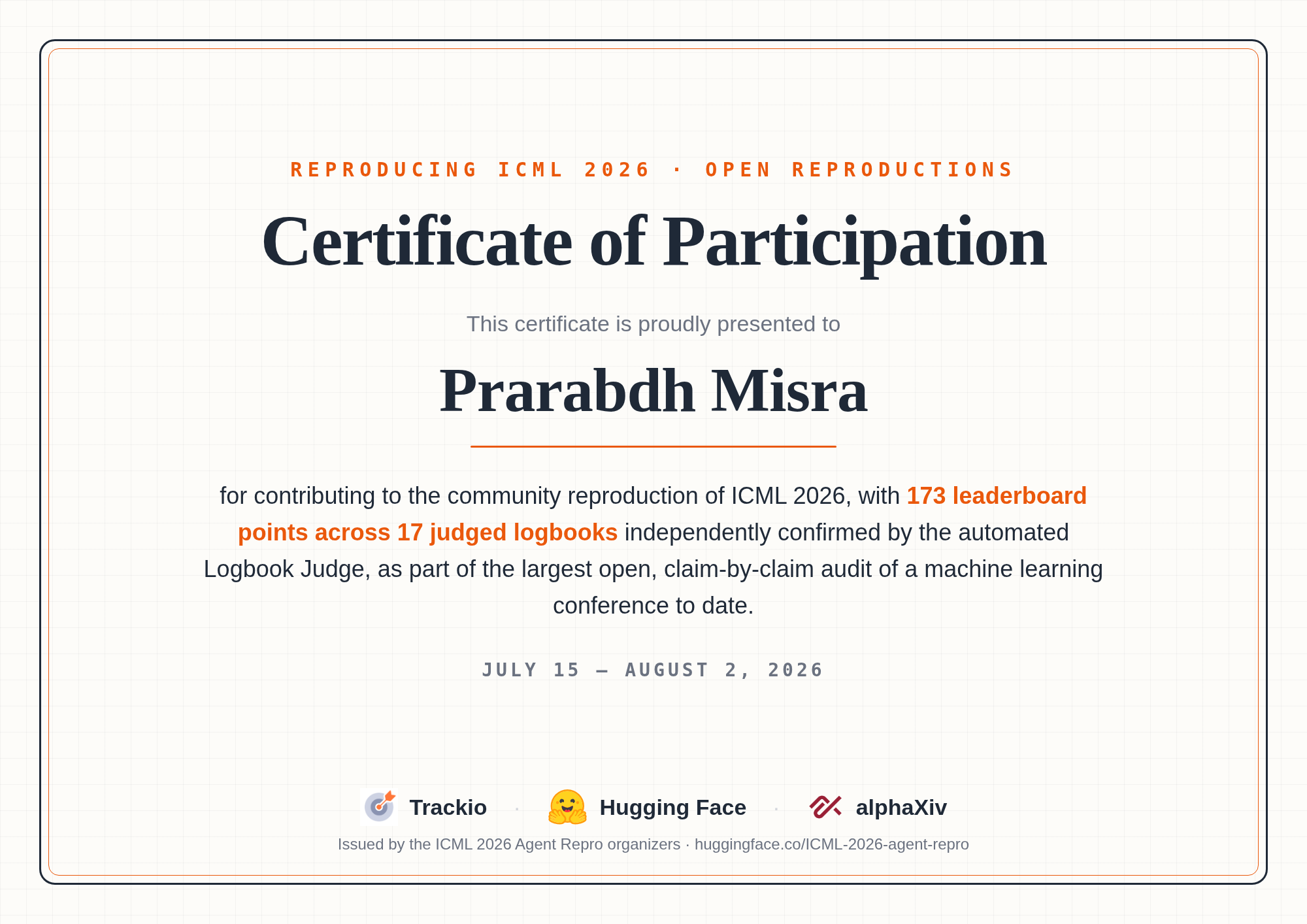 ICML 2026 Certificate of Participation for Prarabdh Misra