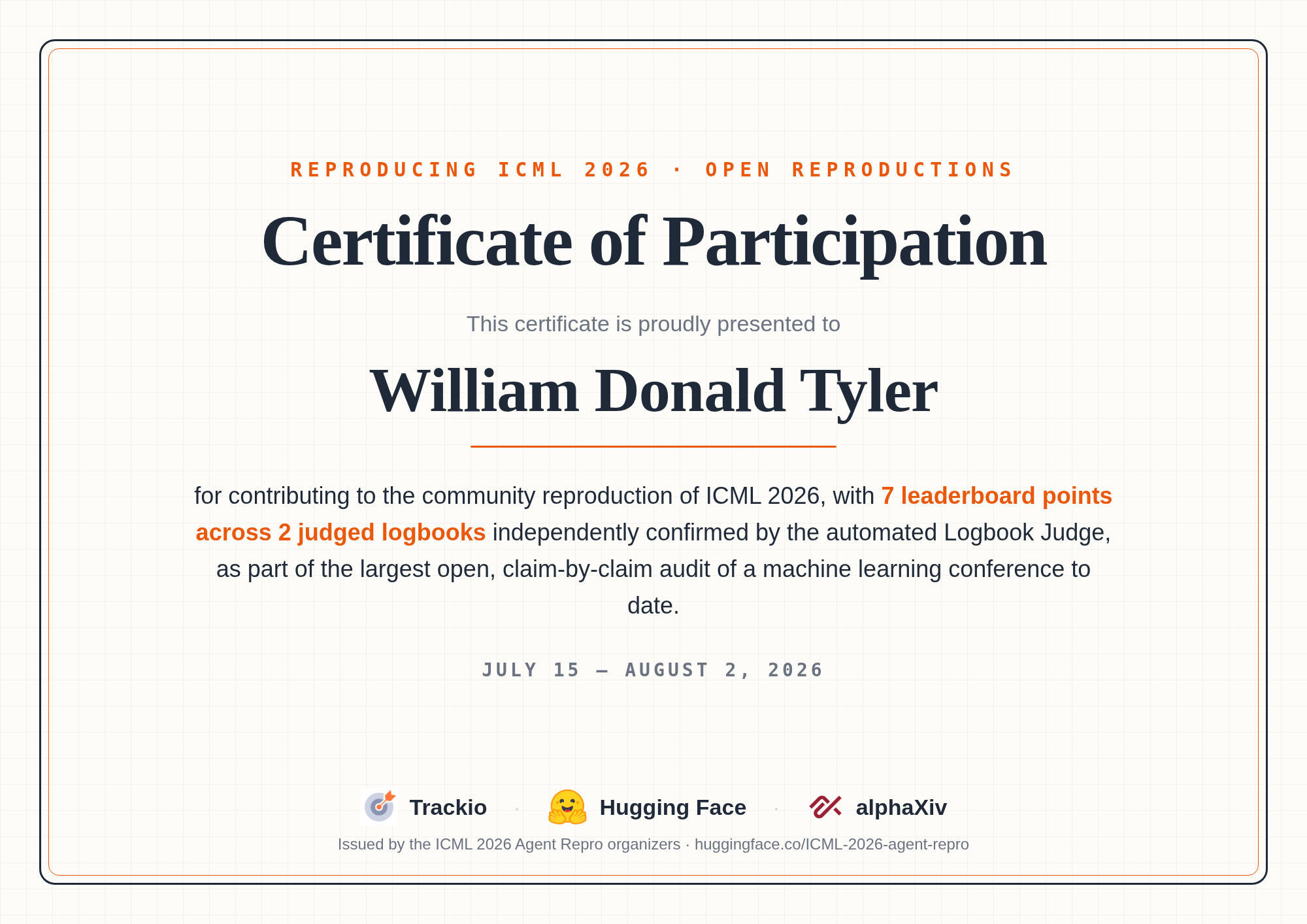 ICML 2026 Certificate of Participation for William Donald Tyler